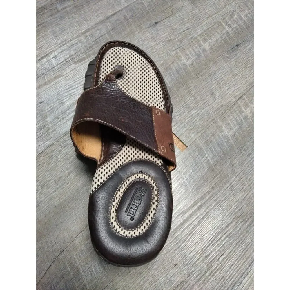 Mens Born Sandal Slip On Thongs Flip Flops Brown Leather Size 12/46 - Picture 3 of 11